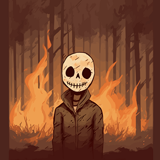 Ticci Toby, Fan Art, 2d illustration, flat vector, hand-drawn, neutral tones, creepypasta, forest on fire