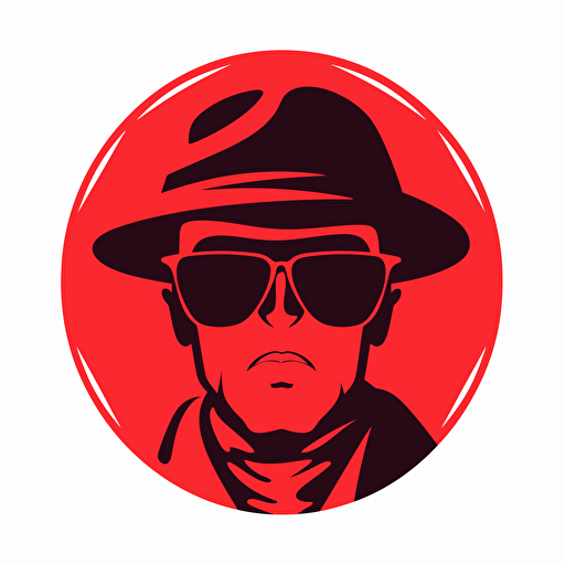 Vector logo of silhouette of a mans head. The man has a bucket hat, and scarf. Red sunglasses are visible on the silhouette.