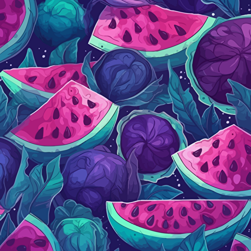 Watermelon illustration, epic composition, 2d vector, purples, seamless pattern
