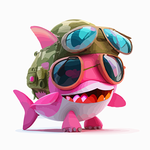 a very cute pink baby shark wearing very big sunglasses dressed up as a soldier, as a cartoon type, as a vector, white background, bright graffiti colors