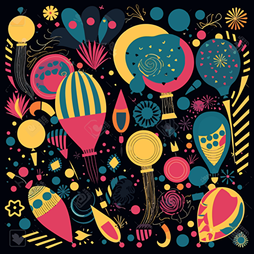 joyful composition, illustration style, two color only, representing celebration, vibrant emotion, minimalism, vector pattern, black background