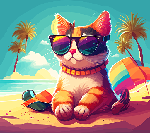 a disney style vector illustration of a cute cat wearing sunglasses, chilling at the beach, summer holiday