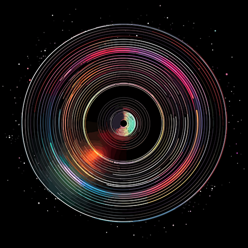 a galaxy pattern on a vinyl with star trails on black background, 2d vector