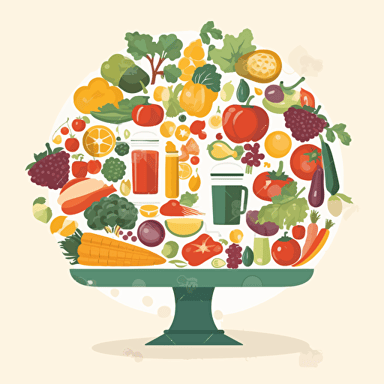 vector logo containing stylized illustration of a plate with colorful vegetables and fruits arranged in a balanced way, healthy, fresh