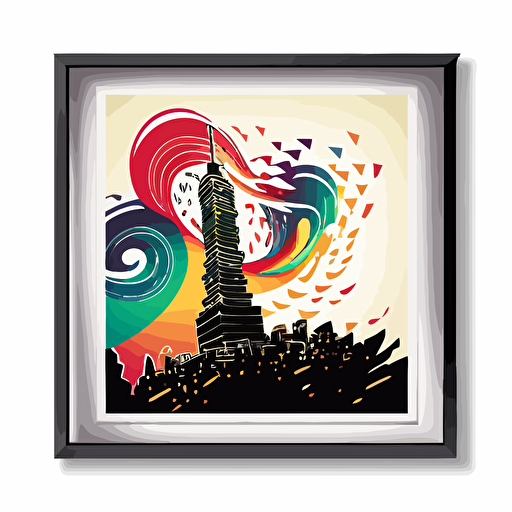 color vector art, rectangular taipei 101 , framed by swirls