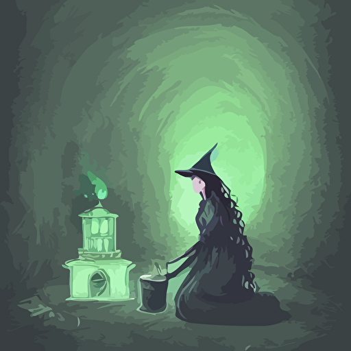 close shot witch lair brewing magical potion depressing gloomy tired detailed witch hat dungeon green smoke fire smoke realism realistic hyper detailed green lighting ambient lighting green smoke fog smoke cinematic lighting haze bokeh trending artstation detailed face symmetric face mythical colorful pop art vector art retro