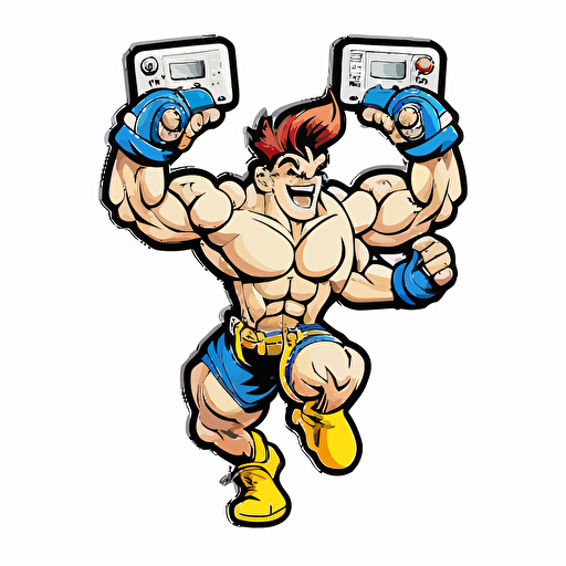 a muscular video gamer, Sticker, Happy, Adorable, Primary Color, Cartoon, Contour, Vector, White Background, Detailed,