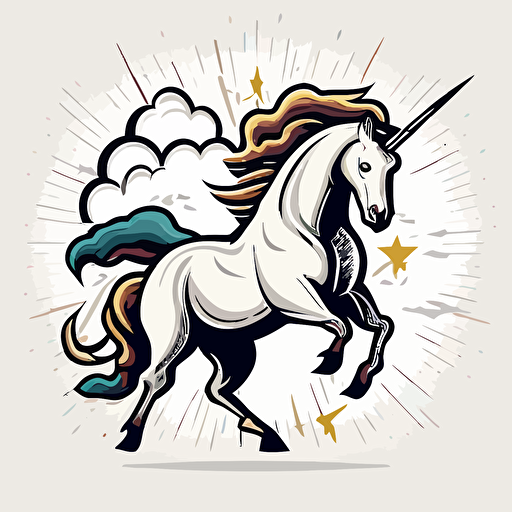 unicorn with storm and lightning behind it, vector logo, vector art, emblem, simple cartoon, 2d, no text, white background