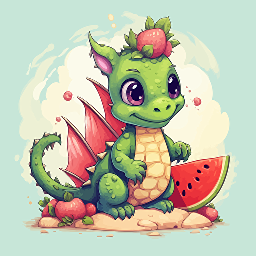 cute dragon with a watermelon, cartoon, vector style