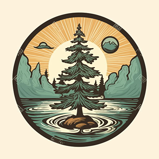 pine tree,water,vector style,emblem,sticer