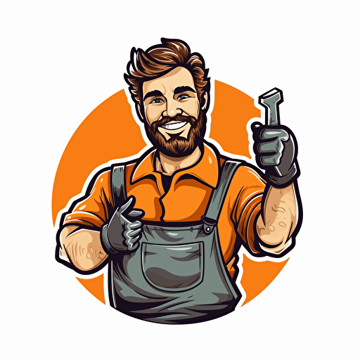 logo, handyman hand up with tool, simple, minimalist, vector, cartoon, white background, vibrant style, happy man