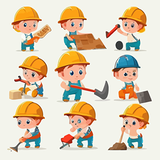 Little Builders Wearing Hard Hat with Construction Tools Executing Work Vector Set, , isolated, white background
