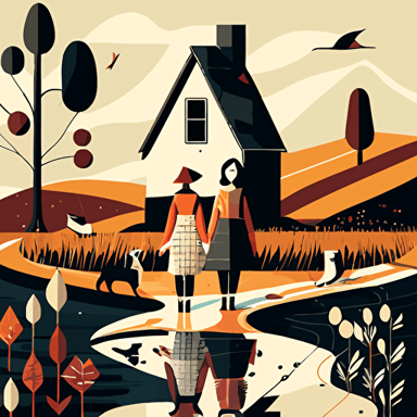 vector style two women standing at a crossroads with children and dogs farm house in background clean minimal abstract surrealism V 5
