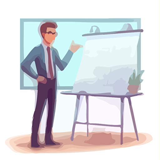 Project Manager in an office in front of a whiteboard explains something vector illustration