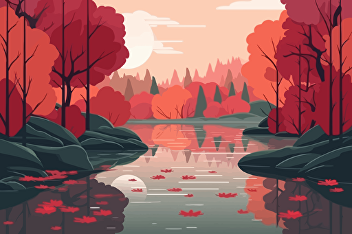 vector illustration of a quiet pond in a forest with a red tree