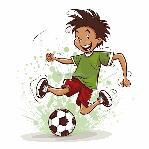 Vector illustration of 9 years old boy kicking a soccer ball with white background