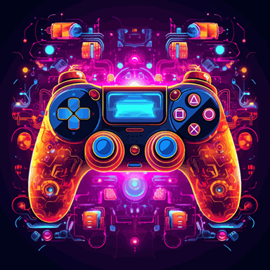 game controller, surrounded by information motifs, 2d vector, neon colours, epic composition, vector design on the edges of the image