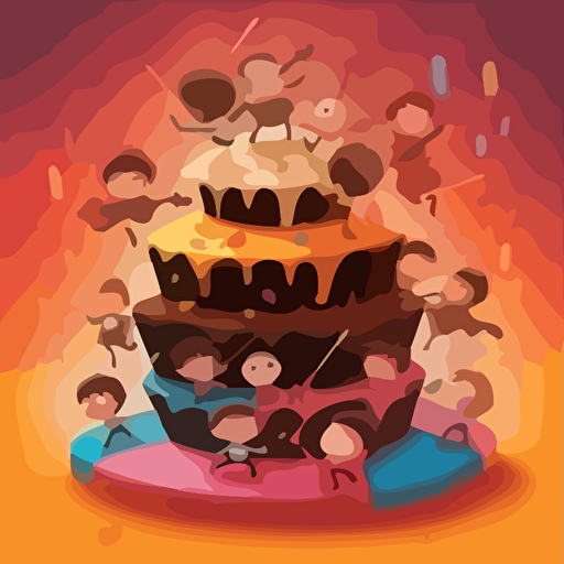 children's book simple vector Illustration of an orchestra bursting out of a big cake
