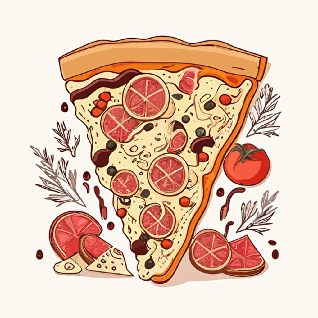 Illustration of a slice of pizza, with ingredients, salami, tomato, cheese, mushrooms, vector linear drawing on a white isolated background