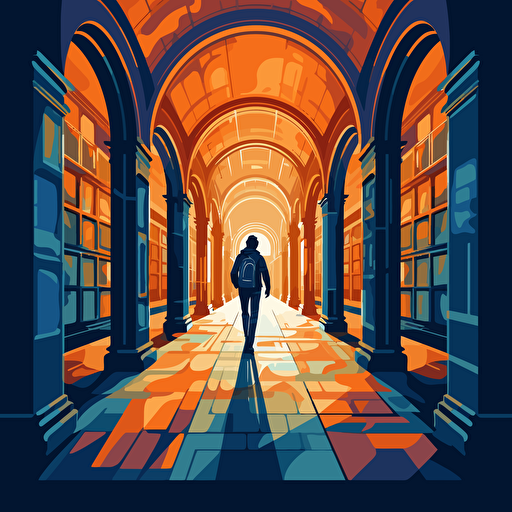 a vector image of a man walking down a long library hallway, blue and orange and dark gray, graffiti style