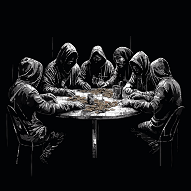 robbers, thieves and gangsters at the last supper. Money on the table. Highly detailed. Uhd. 16k vector image. Drawing. Black background. Paint drips.