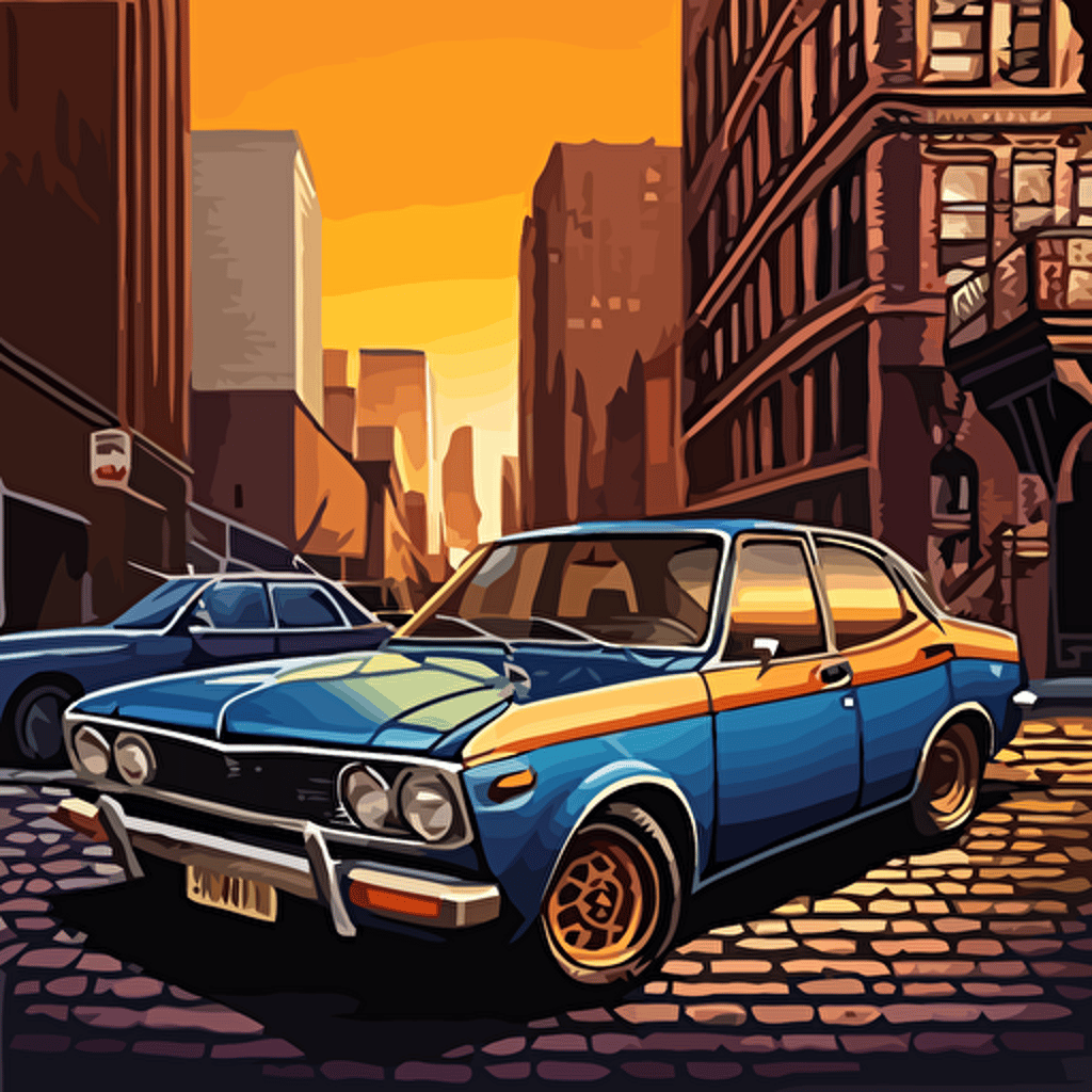 a highly detailed vector illustration of 2014 toyota sedan parked next to a grungy 1970's new york city building, there is a summer dusk colored sky, bright vivid sunset colors, blue sky,