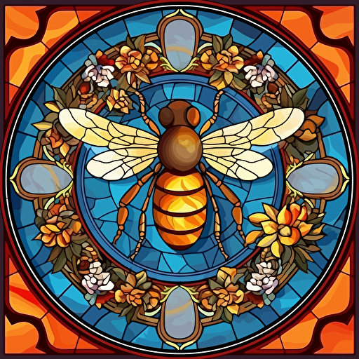 circluar stained glass window, bee amd florals, hyper detailed, epic composition, vector design on the edges of the image