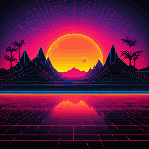 synthwave sunset, neon color, vector, illutration, fluo, wallpaper ar 21:9