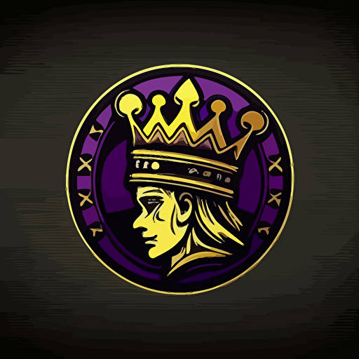 a poker chip with a cute vectorised crowned casino king head, logo minimalist, purple, yellow gold and black