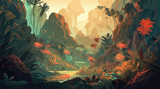 Concept art map of a foreign jungle planet, dense flora, jungle, flat vector illustration