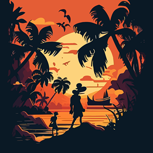 Disney cartoon style, lo-fi art illustration, party in Hawaii at sunset, contrast colors, shadows, good vibes, happy, tropical, vector,