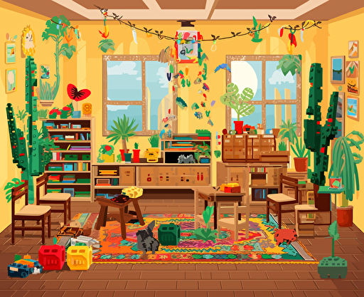 Boho Art Design vector of a learning environment that looks like a lego world and inspires and motivates learners