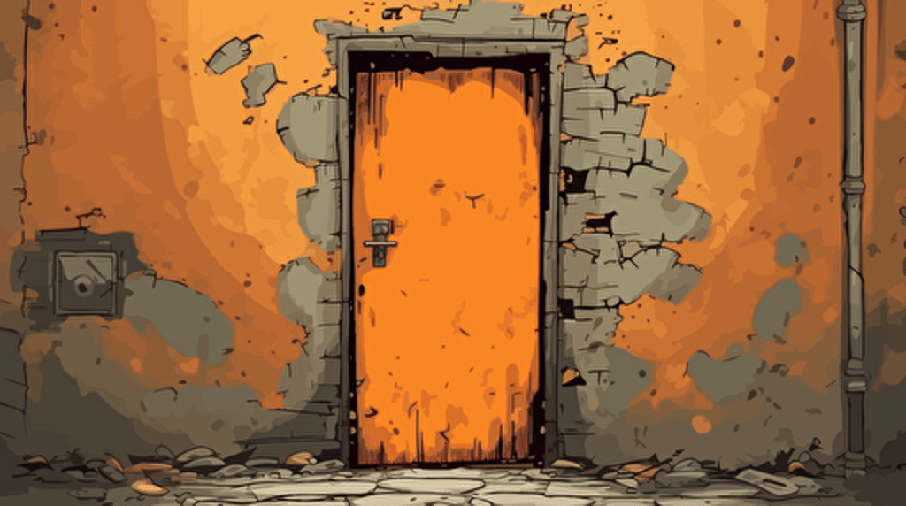 door in the widdle of an old orange decrepit wall, 2d animation, anime, vector image