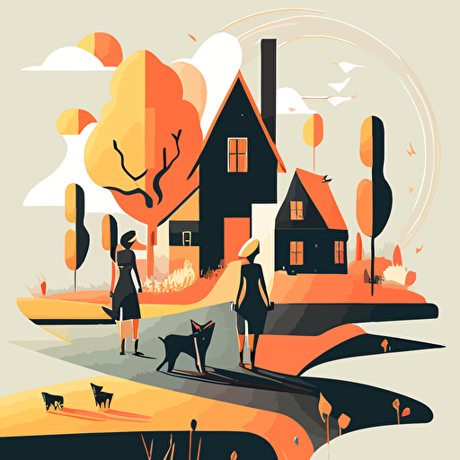 vector style women with dog heads standing at a crossroads with children farm house in background clean minimal abstract surrealism V 5