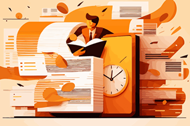 create a featured image of a blog article about intelligent document processing that is accurate, saves hours of manual data entry with high volume of data. The image should evoke a sense of time and money savings with high accuracy. vector illustation, light orange background