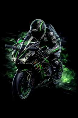 man driving a Kawaski ZX10R, centered, epic shot, full color, vector art, dynamic silhouette, black background