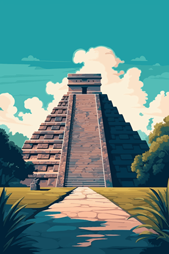 front view of the Chichen itza, blue sky, vector design, minimalist, flat