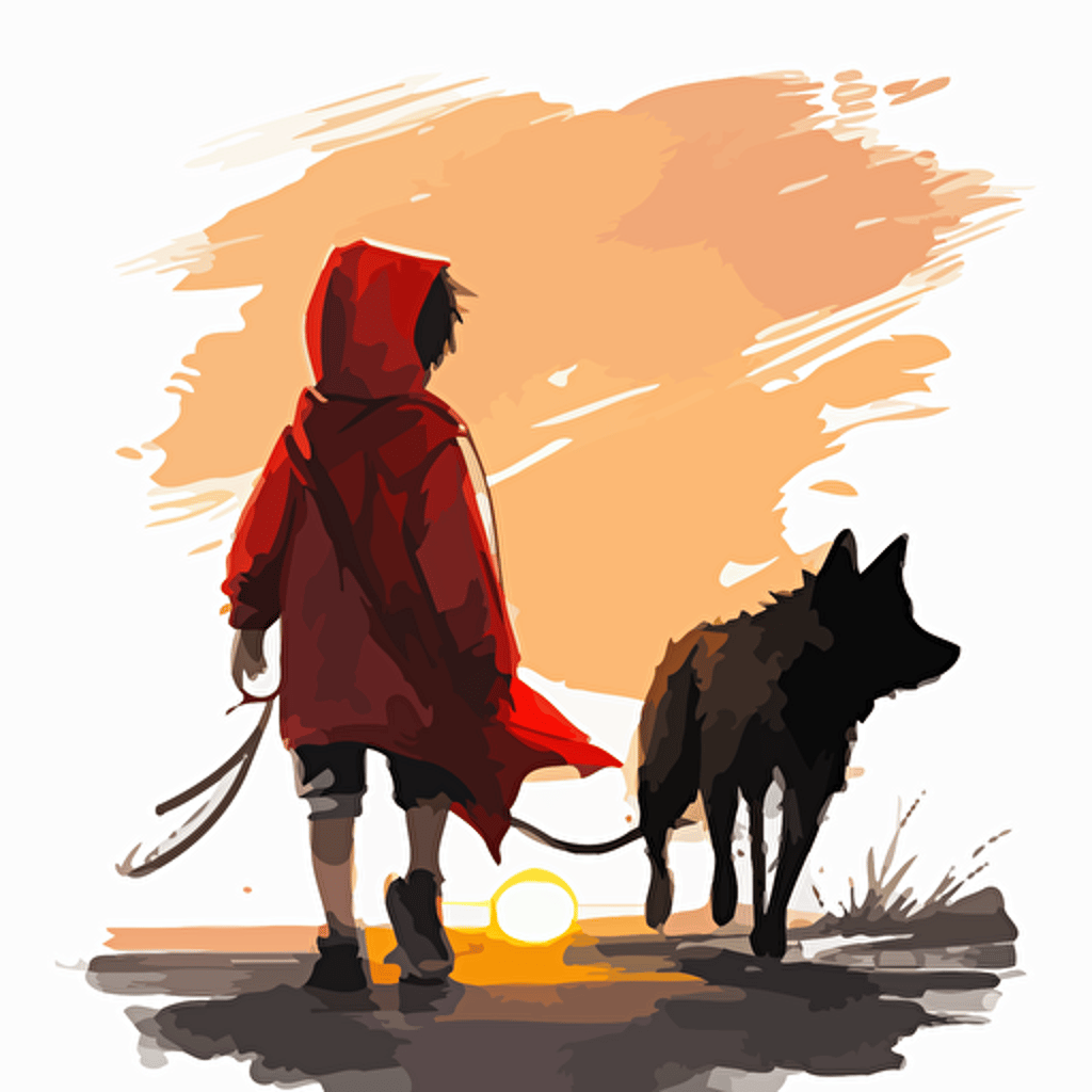 Character illustration from Kyoto Animation Studio, watercolor, 8 year old boy in red hoodie and black dog, walking, sunset, wind, no background, plancard illust, simple vector art.