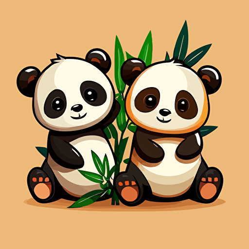 a mascot logo of two pandas, simple, vector, no shading details, kids, flat design, happy faces,