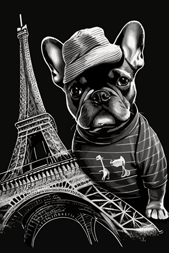 french bulldog with a beret infront of eiffel tower, vector art,