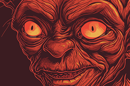 Close up shot of a deformed goblin with very asymetrical face by Paul Gustaf Dore. Grotesqu facial features, deformed, running on all four, hunched back, deformed teeth, red glowing eyes, ghoulish. biblical copperplate art, retro 90s box art, vector style, mainly red colours, inking, pixel art, high detail, less warm colors