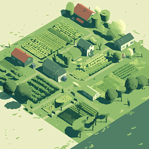 a farm with green vegetables, art design by Masaaki Yuasa, camera symmetry by wes anderson, Illustration, minimalism, vector quality, white background, camera angle from above, shadows