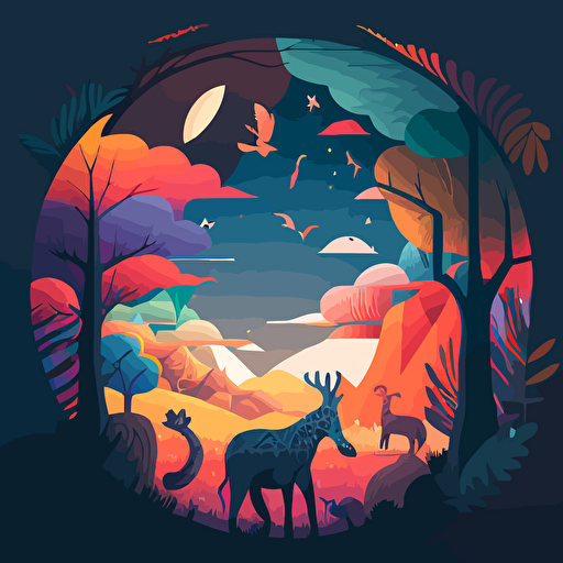 Minimalistic, vector illustration, zoo background, mystical, vibrant colors, rolling sky