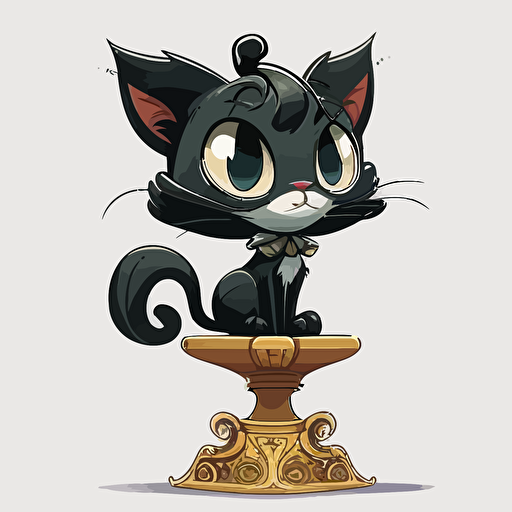 Disney style, hand drawn cartoon, black, cute female cat sitting on a pedestal, white background, vector, High definition