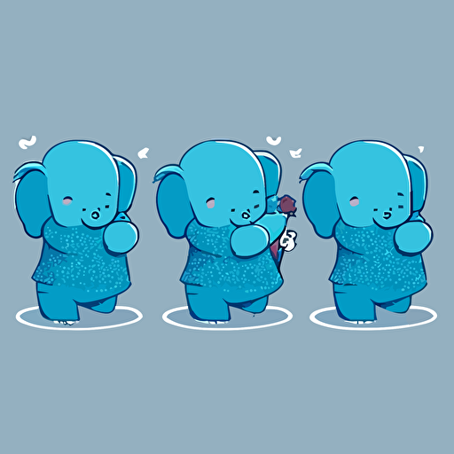 character concept, multiple poses, young little blue elephant playing, children illustration book style, flat , vector based illustration