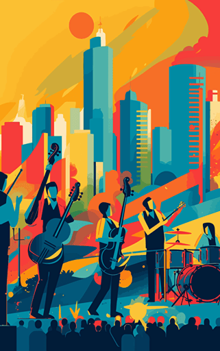 low contrast vector design using bright primary colours of a band performing on the big stage in the city, sunny bright day