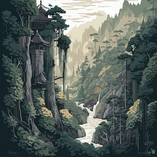 asian style, pixel art, bamboo mountain, vector illustration, in the style of highly detailed foliage, dark green and light gray, richly detailed genre paintings, earth tone color palette, precise, neo-geo