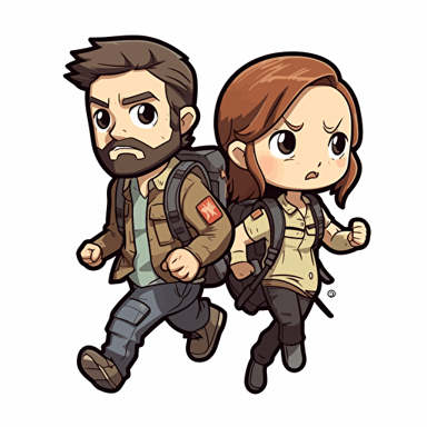 cute cartoon last of us joel and ellie running die cut sticker 2d vector simple on white background