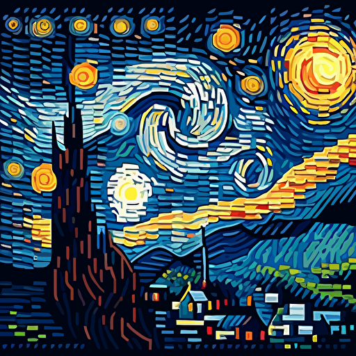 Craft a pixel art-inspired vector illustration of Van Gogh's "The Starry Night," utilizing small squares of color to represent the details and strokes of the painting.