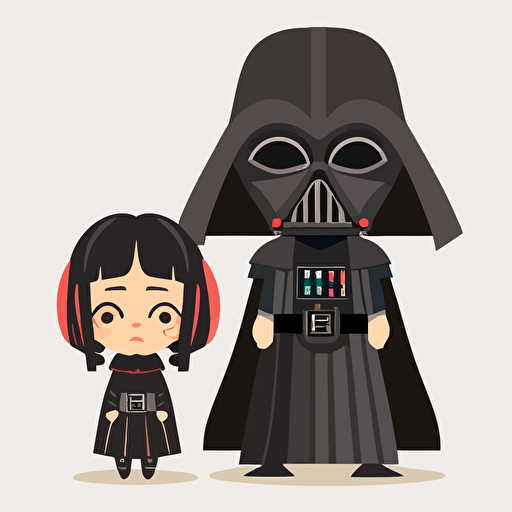 A beautiful female anime darth vader style with his son, goofy looking, smiling, minimalistic, flat light, white background, vector art, pixar style